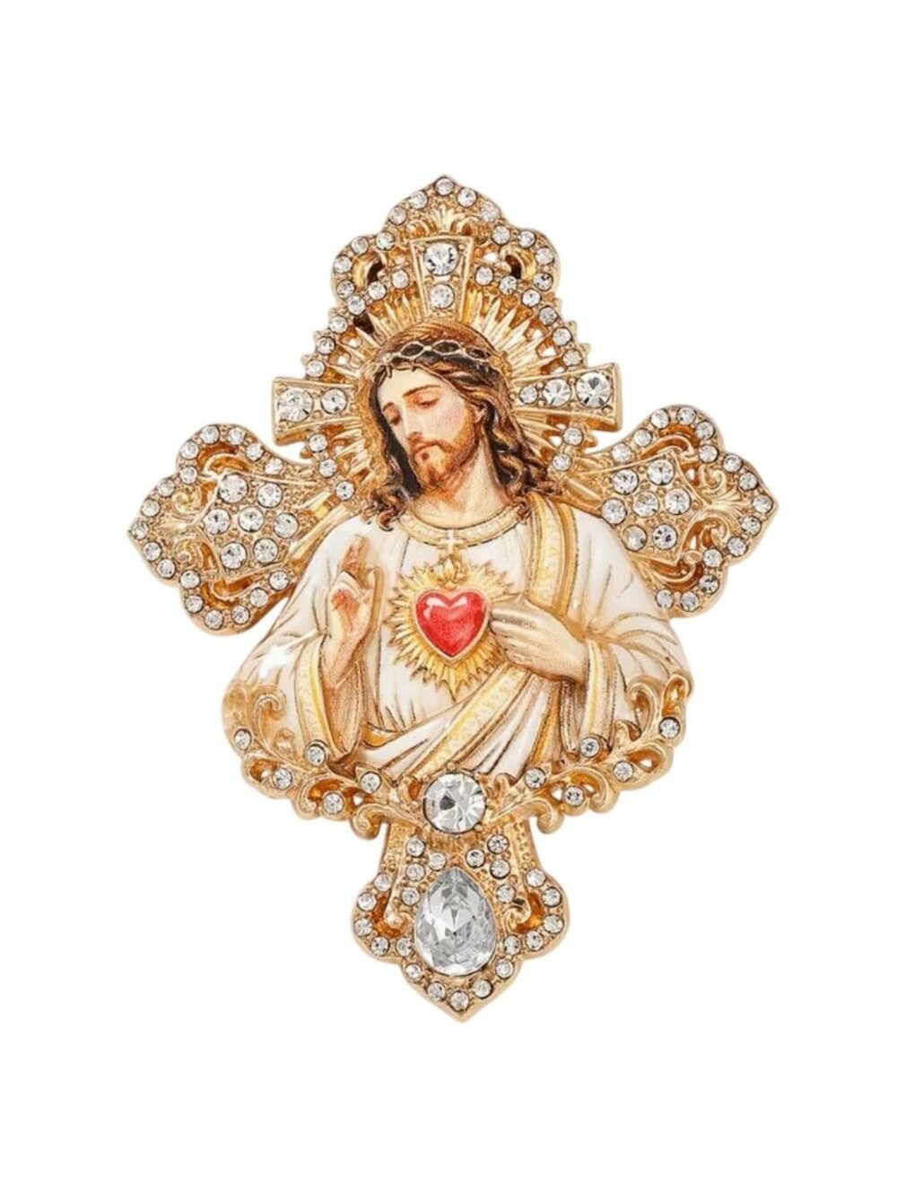 Sacred Heart Jesus Religious Brooch Rhinestone Details Gold-Tone
